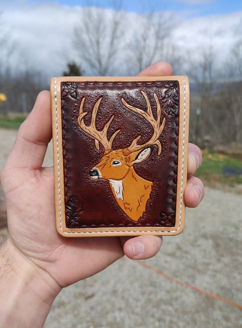 Custom leather billfold, leather wallet, tooled leather, leather, quality, deer, buck, handmade, wallet. https://www.facebook.com/longhorncrafts/ Deer Leather Projects, Custom Leather Work, Custom Leather Belts, Deer Buck, Handmade Wallet, Leather Billfold, Leather Projects, Leather Pattern, Tooled Leather