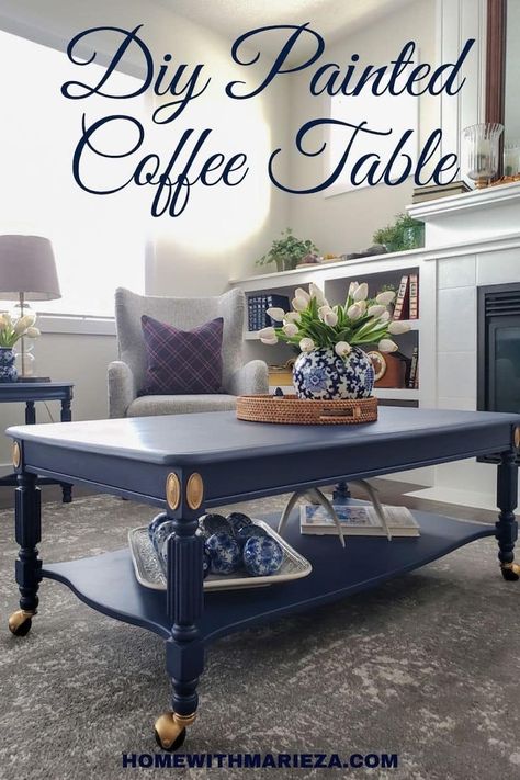 Diy Painted Coffee Table, Chalk Paint Coffee Table, Coffee Table Upcycle, Coffee Table Redo, Blue Coffee Table, Coffee Table With Casters, Painted Coffee Table, Sports Den, Faux Marble Coffee Table