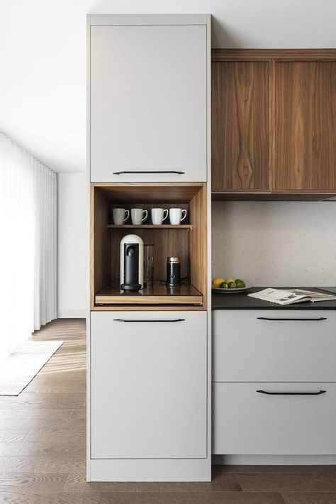 White Lower Cabinets, Counter Diy, Model Dapur, Small Fridge, Lower Cabinets, Desain Pantry, Walnut Kitchen, Kabinet Dapur, Kitchen Design Modern White