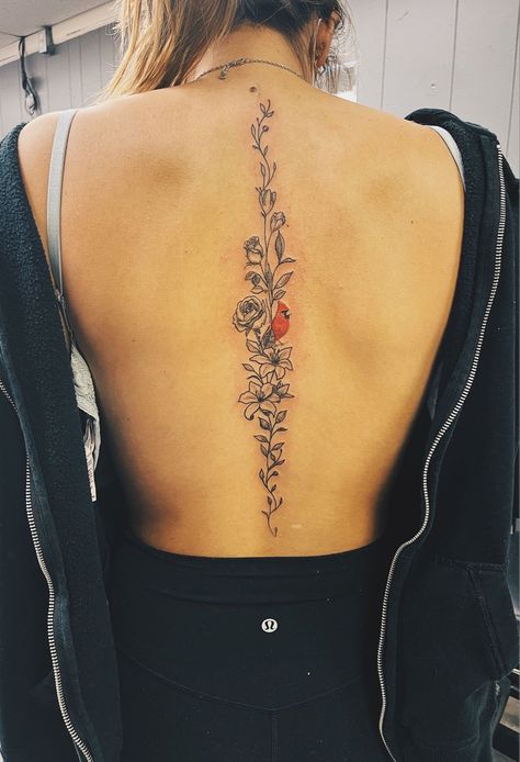 Back Tattoo Women Spine, Cardinal Tattoos, Flower Spine Tattoos, Cowgirl Tattoos, Spine Tattoos For Women, Stylist Tattoos, Cute Tattoos For Women, Spine Tattoo, Large Tattoos