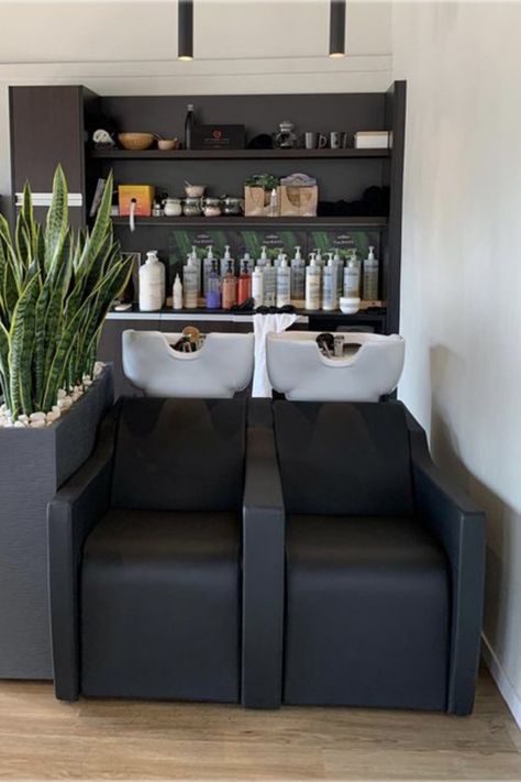 Industrial Hair Salon Ideas, Shampoo Area In Salon Interior Design, Gray Hair Salon Decor Interior Design, Simple Salon Decor, Salon Wall Shelves, Shampoo Station Ideas Beauty Salons, Salon Decorating Ideas Modern, Mens Salon Interior Design, Salon Hair Station Ideas