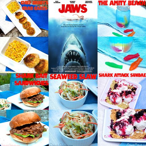 The Jaws Menu (T.V. Dinner) Shark Dinner Ideas, Jaws Party Food, Jaws Themed Food, Shark Week Dinner Ideas, Jaws Movie Night, Sharknado Party, Jaws Party, Movie Night Dinner, Jaws Movie