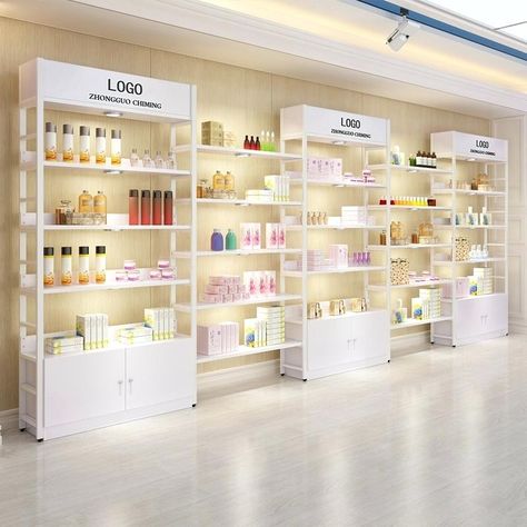 Skincare product display shelves for sale Skin Care Display, Salon Retail Display, Retail Display Shelves, Cosmetics Display Stand, Pharmacy Decor, Store Shelves Design, Retail Store Interior Design, Store Design Boutique, Pharmacy Design