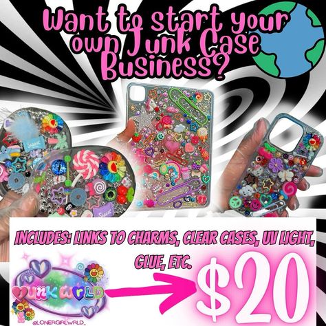 ✨HIGHLY REQUESTED! Want to start your own junk case business but don’t know where to start or get everything from ? 🤩 I CAN HELP! This includes links to charms, clear phone cases, UV light, glue, etc! DM ME TO PURCHASE THIS LIST 🩷🌏 #clothingbrand #instagood #fashion #instagram #instalike #blackowned #explore page #beautytips #blackownedbusiness #fyp #outfitinspo #streetwear #shopify #lonergirlwrld #concertfits #tiktok #bigface #junkcases #junkiecase #junknails #y2k #kawaii Junk Case Business Names, Buissnes Ideas, Junk Case, Junk Nails, Clear Phone Cases, Y2k Kawaii, Initial Wall, Diy Iphone Case, Bullet Journal Notebook