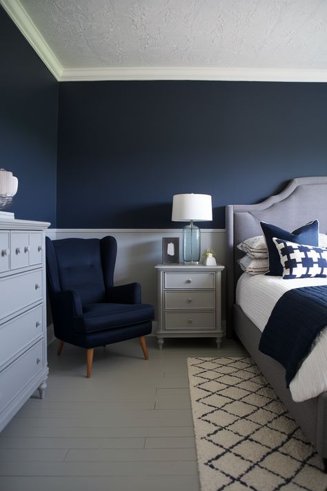 25 Dreamy Navy Blue and Grey Bedroom Ideas You'll Fall in Love With Navy Blue And White Wainscoting Bedroom, Navy Bedroom With Panelling, Gray And Navy Bedroom, Light Grey Upholstered Bed, Navy Blue And Grey Bedroom, Gray Teen Bedroom, Blue And Grey Bedroom Ideas, Cream And Grey Bedroom, Blue And Gray Bedroom