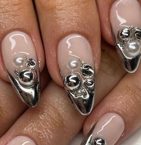 Bubble Chrome Nails, Chrome Nails Art Designs, Chrome Bubble Nails, Chrome Blob Nails, Chrome Nails With Charms, Chrome Reference, Chrome Nails With Gems, Chrome Nails 2023, Chrome 3d Nails