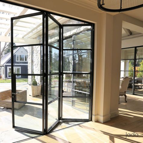 Thermally-broken Steel Outswing Folding Doors & Windows | Jada Folding Patio Doors, Folding Windows, Steel Doors And Windows, Folding Glass Doors, Kitchen Doors, Folding Doors, Interior Barn Doors, Iron Doors, French Door