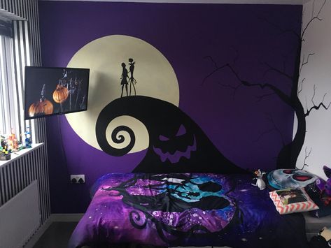 A mural I painted in my daughters bedroom Jack Skellington Bedroom Ideas, Jack And Sally Bedroom Ideas, The Nightmare Before Christmas Bedroom, Nightmare Before Christmas Mural, Nightmare Before Christmas Bedroom Ideas, Jack Skellington Bedroom, Nightmare Before Christmas Room Ideas, Tim Burton Bedroom, Nightmare Before Christmas Nursery