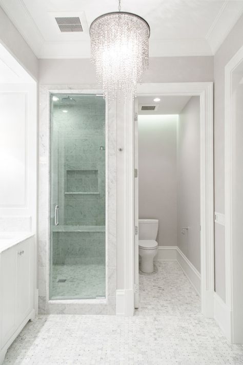 Walk In Shower Next To Water Closet, Small Bathroom With Water Closet, Bathroom With Water Closet, Master Bath Closet Combo Layout, White And Gray Bathroom, Marble Basketweave, Marble Bench, Small Master Bath, Tiled Floor