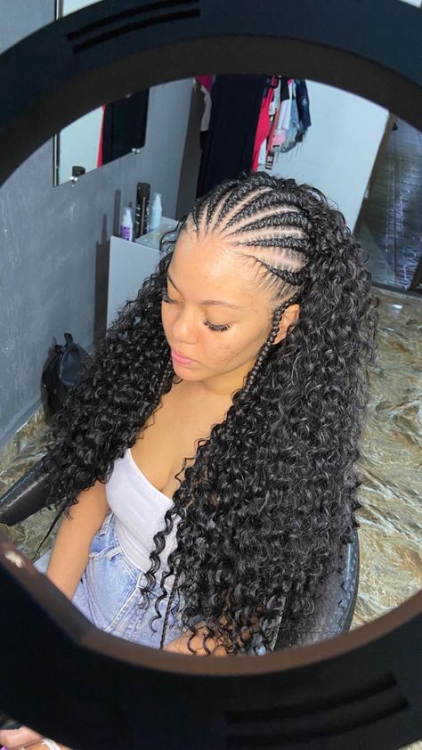 Half Braided Half Curly Black Hair, Cornrow Front Curly Back, Natural Hair Updo Wedding, Curly Braided Hairstyles, Quick Braids, Lemonade Braids Hairstyles, Cornrows Braids For Black Women, Curly Crochet Hair Styles, Big Box Braids Hairstyles