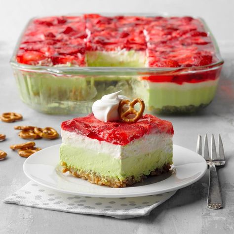 I gave a classic salad a holiday twist by making green, white and red layers. The combination of salty, sweet, creamy in this strawberry-lime pretzel dessert and fruity is always a hit! —Renee Conneally, Northville, Michigan Lime Dessert, Pretzel Salad Recipe, Christmas Nibbles, Pan Desserts, Strawberry Pretzel Salad Recipe, Refrigerated Desserts, Strawberry Pretzel Dessert, Pretzel Desserts, Jello Salads