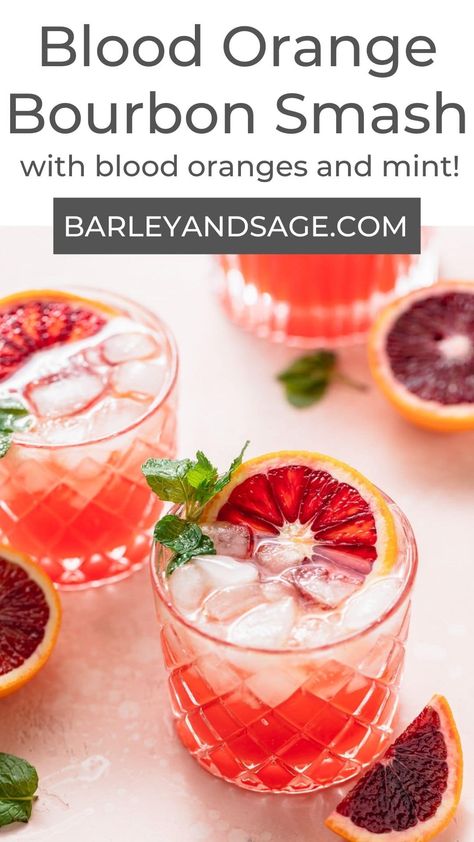 This blood orange bourbon smash is light, bright, and citrusy! Garnished with fresh blood oranges and mint, it's a beautiful cocktail for any occasion! Fun Coffee Drinks, Blood Orange Vodka, Blood Orange Recipes, Orange Simple Syrup, Blood Orange Cocktail, Simple Syrup Cocktails, Bourbon Smash, Red Desserts, Orange Liquor