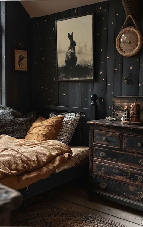 Modern Gothic Bedroom Ideas, Dark Cottage Interiors, All Black Studio Apartment, Southern Gothic Bedroom Aesthetic, Cottage Core Goth Aesthetic, Dark Fairytale Bedroom, Industrial Eclectic Decor, Dark Country Aesthetic Bedroom, Moody Black Bedroom