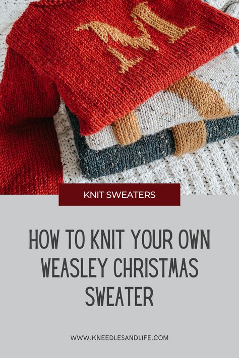 Knitting For Beginners Patterns Sweaters, Mrs Weasley Sweater Pattern, Christmas Sweater Pattern Knitting, Diy Knit Sweater Pattern, Knit Sweater Chunky, Interesting Knitting Patterns, Holiday Sweater Knitting Patterns, Knitting Projects Clothes, Knit Letters Pattern