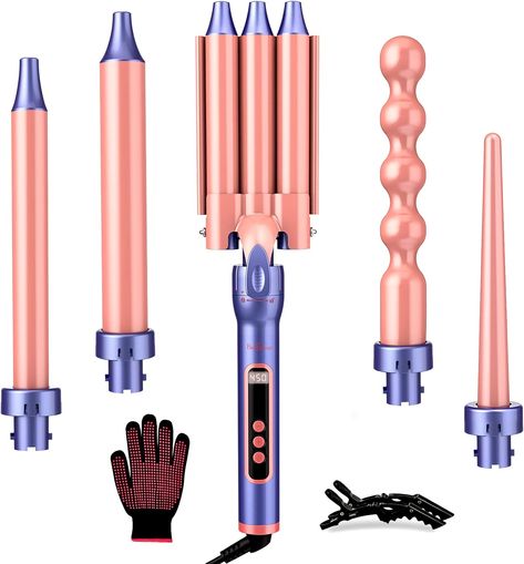 Brightup Curling Iron, 3 Barrel Hair Curler Beach Waver All in One Curling Wand with Interchangeable Ceramic Barrels and Heat Protective Glove, [All-in-1 Curling Wand Set] Our ceramic curling iron set includes interchangeable barrels of 0.87inch triple barrel curling iron, 1inch spiral barrel (bubble curling wand), 0.75inch barrel curling wand, 0.35-0.75inch conical barrel (tapered curling wand), and 1inch barrel curling wand includes 2 hair clips, heat protective glove. Bubble Curling Wand, Tapered Curling Wand, Hair Curler Wand, 3 Barrel Curling Iron, Wand Curling Iron, Hair Tool Set, Curling Wand Set, Best Curlers, Barrel Curling Iron