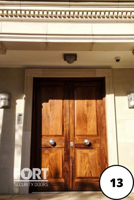 Double wooden security doors for home entrance Front Security Door, Double Door Lock, Wooden Double Door, Wooden Double Doors, Door Lock System, Steel Security Doors, Security Doors, Home Entrance, Double Door