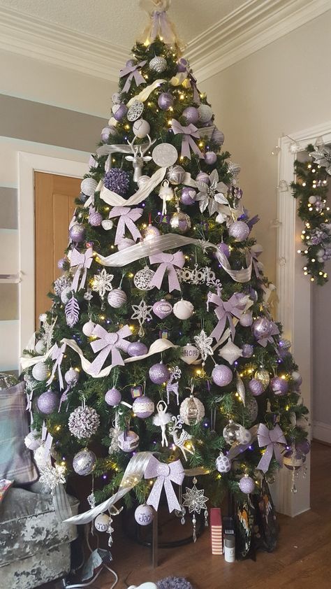 Upcycled decorations Christmas tree silver ivory lavender Lilac Christmas Tree, Upcycled Decorations, Lilac Christmas, Purple Christmas Tree Decorations, Lavender Christmas, Purple Christmas Decorations, Christmas Tree Silver, Christmas Tree Inspo, Purple Christmas Tree