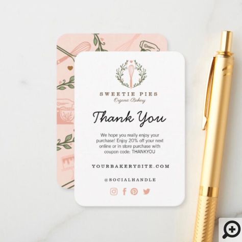 Bakery Thank You Card, Pink Baking, Bakery Business Cards, Baking Utensils, Piping Bag, Business Packaging, Cooking Utensil, Bakery Logo, Cake Business