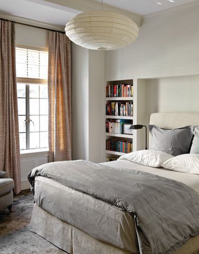 El Dorado modern bedroom Traditional Apartment, Bookshelves In Bedroom, Guest Bedroom Design, Transitional Bedroom, Bedroom Corner, Transitional Living Rooms, Gray Bedroom, Transitional Decor, Contemporary Bedroom