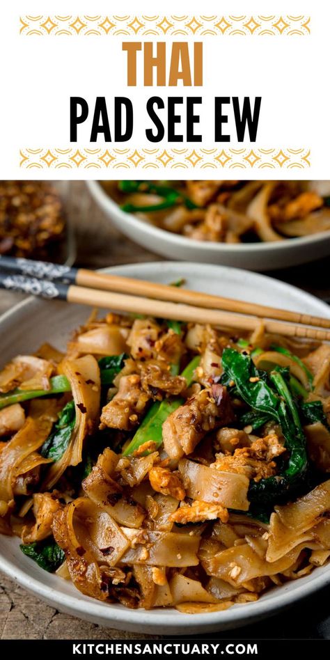 Discover the bold flavors of Thai Pad See Ew in this easy, satisfying recipe. Fresh, wide rice noodles are stir-fried with tender chicken, crunchy Chinese broccoli, and scrambled eggs, all coated in a rich blend of oyster sauce, soy sauce, and a touch of sweetness. Perfectly caramelized noodles deliver an authentic taste of Thailand right to your table. Enjoy with a splash of chili vinegar for extra zest. Thai Pad See Ew, Wide Asian Noodles, Thai Pad See Ew Recipe, Padseeew Recipe, Rice Noodle Stir Fry Recipes, Pad See Ew Recipe Chicken, Authentic Pad Thai Recipe, Pad See Ew Recipe, Pad Thai Recipe Authentic