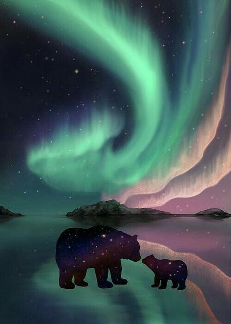 Northern Lights And Polar Bears, Aurora Borealis Tattoo, Aunt Tattoo, Northern Lights Tattoo, Aurora Borealis Painting, Weekend Painting, Energy Tattoo, Polar Bear Art, Northern Lights Painting