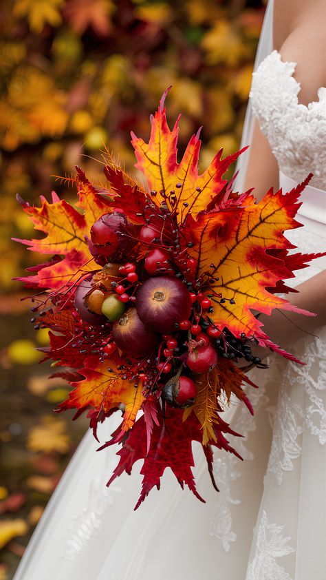 Maple Leaf-Inspired Bouquets: Unique Fall Wedding Ideas Fall Themed Wedding Bouquets, Fall Leaf Bouquet, Autumnal Flowers Wedding, Fall Leaves Bouquet, Wedding Bouquet Fall Colors, Waterfall Bouquet Wedding, Flower Arrangements Autumn, Wedding Decorations Autumn, Orange Red Wedding