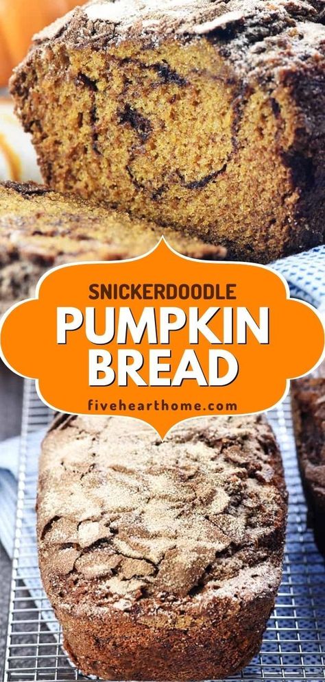 This sweet, moist Snickerdoodle Pumpkin Bread is amazing! Swirled and topped with cinnamon sugar, it's the perfect fall food. So decadent and delicious! Bake up a loaf of this pumpkin recipe soon! Pumpkin Snickerdoodle Bread, Snickerdoodle Pumpkin Bread, Moist Pumpkin Bread Recipe, House Smell Like Fall, Roasted Pumpkin Recipes, Sweet Pumpkin Recipes, Fresh Pumpkin Recipes, Snickerdoodle Bread, Smell Like Fall