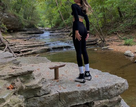 Black hiking outfit, platform converse, Goth aesthetic, waterfall Gothic Hiking Outfit, Emo Hiking Outfit, Black Hiking Outfit, Goth Hiking, Goth Hiking Outfit, Converse Goth Outfit, Granola Goth, Dark Hiking Aesthetic, Goth At Beach