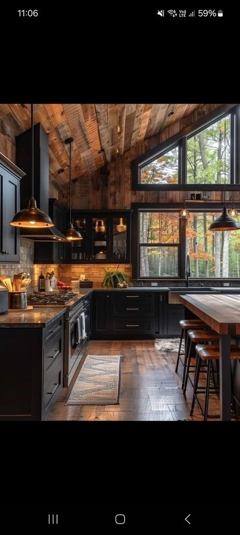 Dark Earthy Kitchen, Western Gothic Kitchen, Black Home Interior Design, Black And Wood Kitchen, Dark Academia Kitchen, Household Design, Rv Porch, Lodge Kitchen, Moody Kitchen