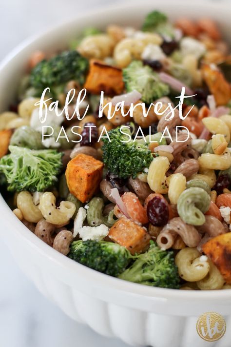 Harvest Pasta Salad, Fall Pasta Salad, Harvest Pasta, Potato Broccoli, Fall Party Food, Fall Pasta, Autumn Side Dishes, Roasted Sweet Potato, Best Pasta Salad