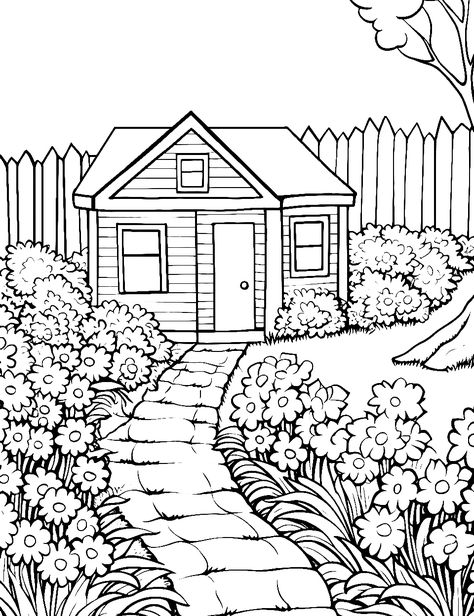 Bountiful Garden Path: A family house with a vibrant garden. (Free Printable Coloring Page for Kids) House Coloring Pages Free Printable, Flower Garden Drawing, House With Flowers, Spring Coloring Sheets, House Coloring Pages, Flowers Coloring Pages, Garden Coloring Pages, Frog Coloring Pages, Flowers Coloring