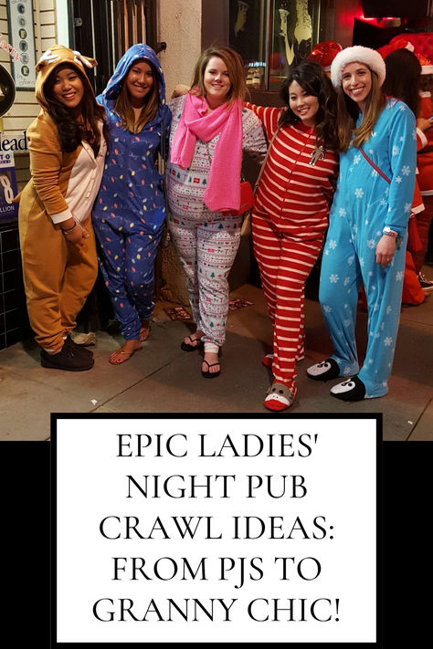 The ultimate guide for an epic ladies' night pub crawl! From cozy PJ parties to adventurous cosplay nights, our blog offers creative themes like Christmas in July, Drunk Trivia Pub Crawl and even a Sober Crawl! Get tips for making your night unforgettable with Game Nights Galore. Perfect for those looking to spice up their nights out with the girls! Bar Crawl Themes Costumes, Ladies Night Themes, Pub Crawl Themes, Bar Crawl Themes, Christmas Bar Crawl Outfit, Adult Pj Party Ideas, Pub Crawl Ideas, Bachelorette Night Out Outfit Themes, Pj Party Outfit