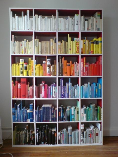 I am tempted to try this but I don't think my books are that chromatically diverse. Color Coordinated Library, Color Coated Bookshelf, Colour Coordinated Bookshelf, Color Coordinated Bookshelf, Rainbow Bookshelves, Books Vibe, Bookshelf Inspo, Styling A Bookcase, Bookworm Things