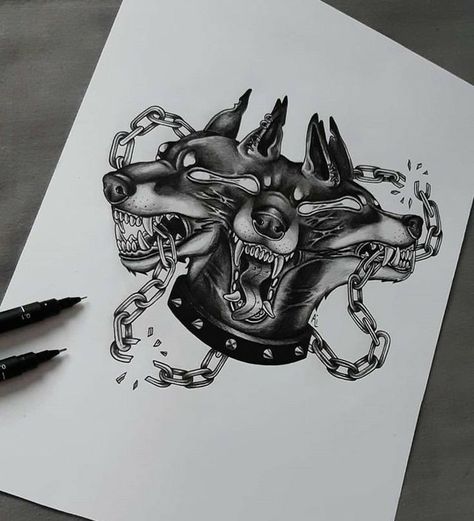 3 Headed Dog Tattoo, 3 Headed Dog, Tattoos Creepy, Tattoo Printable, Doberman Tattoo, American Traditional Tattoo Ideas, Traditional Tattoo Ideas, Tattoo Outline, American Traditional Tattoo