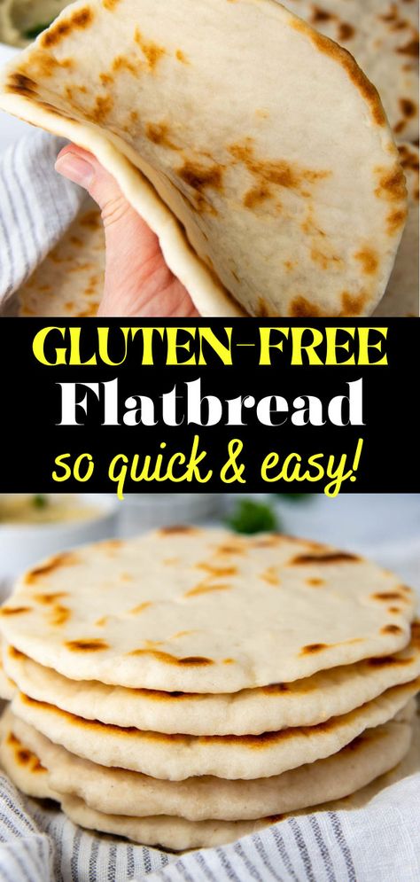 Learn how to make soft gluten-free flatbread perfect for pita, wraps, naan, sandwiches, flatbread pizza, and more! This easy, one bowl recipe cooks in minutes on the stove top with a doughy, fluffy texture, fooling anyone it's both gluten-free and vegan! The trick? Using a two simple ingredients boosts the dough's elasticity, making it easy to shape, roll, and extra soft! Naan Sandwiches, Gluten Free Flatbread Recipe, Pita Wraps, Gluten Free Pita Bread, Gluten Free Pita, Gluten Free Flatbread, Gluten Free Recipes Bread, Favorite Dips, Flatbread Pizza