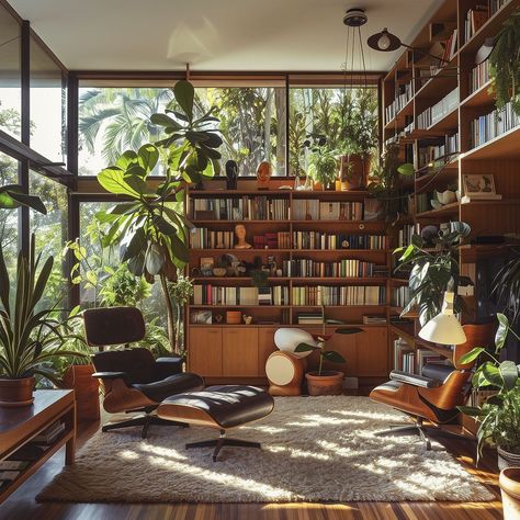 The Eames House, Bookshelves Mid Century Modern, Mid Century Home Library, Mid Century Modern Living Room With Plants, Mid Century Library Room, New Retro Interior Design, Mid-century Modern Apartment Decor Ideas, Eames House Interior, Mid Century Maximalism