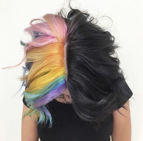 Black And Rainbow Split Dye, Black Hair With Rainbow Streaks, Half Brown Half Black Hair Split, Half Black Half Rainbow Hair, Half And Half Short Hair, Half N Half Hair Color, Half Rainbow Hair, Black And Rainbow Hair, Half Colored Hair