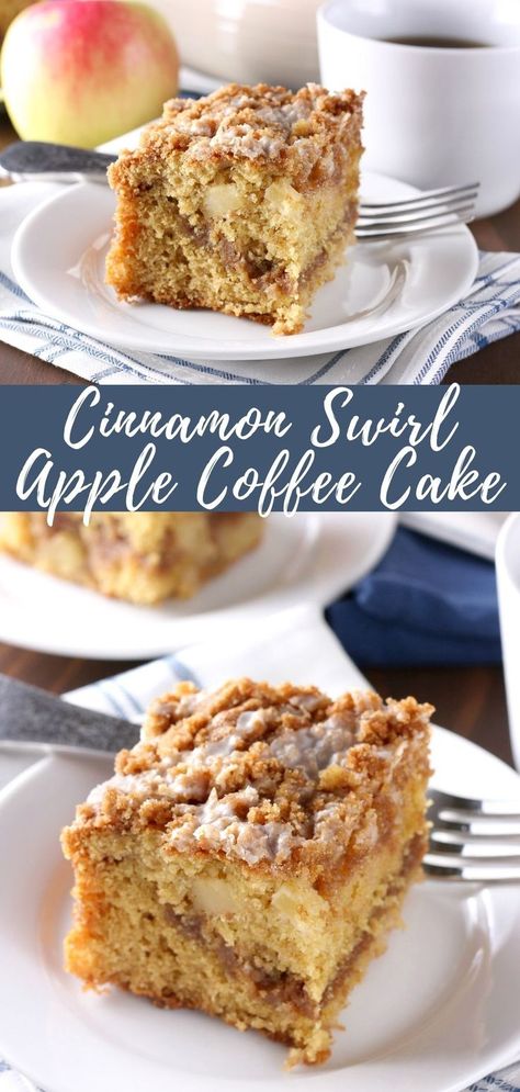 Slices of cinnamon swirl apple coffee cake on small white plates Cinnamon Swirl Coffee Cake, Cinnamon Swirl Cake, Apple Coffee Cake, Drink Presentation, Apple Cinnamon Cake, Apple Coffee, Coffee Cake Recipes Easy, Apple Coffee Cakes, Streusel Coffee Cake