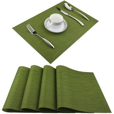 Material: Use high-quality Eco-friendly PVC materials and effective heat resistance of approximately 185°F (85℃) Color: Green | TrueNorth 4 Piece Placemat Set Polyester in Green, Size 17.7 W in | Wayfair Elegant Placemats, Plastic Placemats, Cup Decoration, Vinyl Placemats, Rustic Restaurant, Life Quality, Woven Placemats, Dining Table Black, Dining Table Set