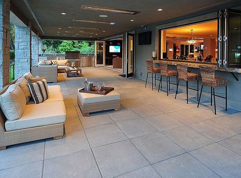 Kitchen pass-through to outdoor patio Back Porch Designs, Dream Porch, House With Porch, Porch Design, Building Ideas, Folding Doors, Outdoor Kitchen Design, Entertaining Area, Indoor Outdoor Living