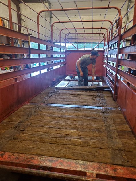 Removing flooring in the cattle trailer. Will be rehabbing this 20' cattle trailer with intentions of making it multi use for short hauling horses and cattle as needed Utility Trailer Upgrades, Trailer Upgrades, Cattle Trailers, Cattle Farm, Farm Projects, Cattle Farming, Utility Trailer, Country Life, Trailer