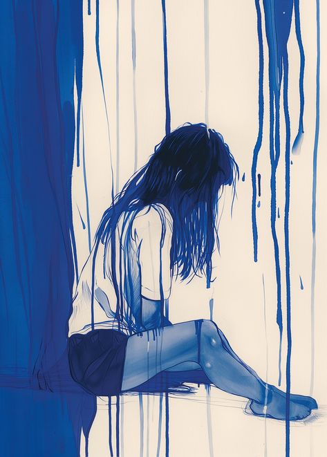 use of contrasting colors. The person is positioned at the center of the artwork, with their elbows resting on their knees, suggesting a pose of deep contemplation or melancholy. The way the hair drapes over the face conceals the individual's expression, adding an element of mystery and emphasizing the introspective mood. The choice of a monochromatic blue palette highlights the serene yet somber atmosphere, suggesting themes of solitude, introspection, or possibly sadness. The minimalistic approach to color, alongside Artistic Melancholy, Blue Melancholy, Introspection Art, Melancholy Art, Monochromatic Portrait, Monochromatic Blue, Project School, Colors And Emotions, Blue Palette