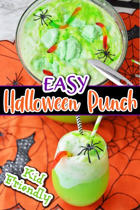 This easy Halloween punch is the perfect non-alcoholic punch recipe for all your Halloween celebrations! Festive and fun, it's a party drink that everyone will love! Green Punch Halloween, Green Sherbert Punch Halloween, Halloween Food Fruit, Green Halloween Drinks Nonalcoholic, Green Non Alcoholic Punch Recipes, Witches Punch For Kids, Non Alcoholic Drinks Halloween Party, Sugar Free Halloween Punch, Bug Juice Punch