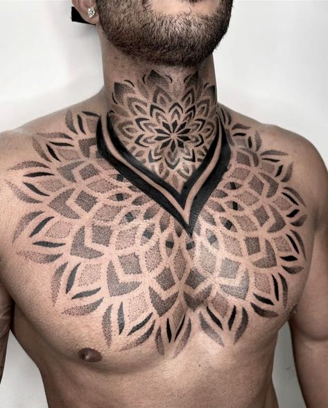 Pattern Chest Tattoo, Chest Mandala Tattoo, Geometric Chest Tattoo, Mandala Chest Tattoo, Geometric Chest, Mandela Tattoo, Chest Tattoos, Geometric Mandala, Chest Tattoo