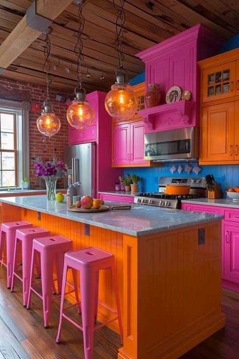 Colorful Maximalist Kitchen, Kitchen Inspo Colorful, Bright Colourful Kitchen Ideas, Colorful Kitchen Cabinets, Neon Kitchen, Before After Design, Vibrant Kitchen, Rainbow Kitchen, Colorful Kitchen Decor