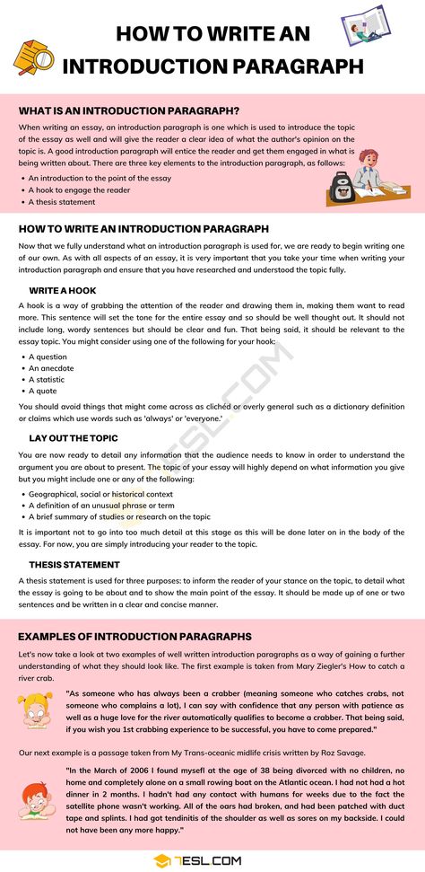 Introduction Paragraph: How To Write An Introduction Paragraph (with Examples) - 7 E S L Essay Writing Introduction, Introduction Essay Example, College Introduction Paragraph, How To Write An Introduction To An Essay, How To Write A Introduction Paragraph, Essay Writing Tips Introduction, How To Write A Good Essay Introduction, How To Write An Introduction, Writing Introduction Paragraphs