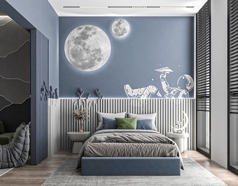 Kids Room Bed Back Wall Design, Boy Bed Ideas, Boys Room Wall Ideas, Boys Space Bedroom Ideas, Boys Room Space Theme, Luxury Boys Bedroom, Boys Bedroom Interior Design, Space Room For Boys, Kids Room Design Boys Bedroom Ideas