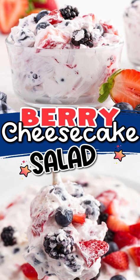 Berry Cheesecake Salad is a cool and creamy side dish or dessert salad. Its cheesecake fluff is folded into your favorite fresh fruit and berries. This simple recipe can be made in mere minutes and pairs perfectly with your grilled meats and savory sides – nothing beats a refreshing berry salad on a warm-weather day. Berry Bliss Frozen Fruit Salad, Fruit Salad Cream Cheese, Berry Fluff Salad, Berry Salad Dessert, Berry Fluff, Cheesecake Salad Recipe, Berry Cheesecake Salad, Adorable Desserts, Cheesecake Mixture