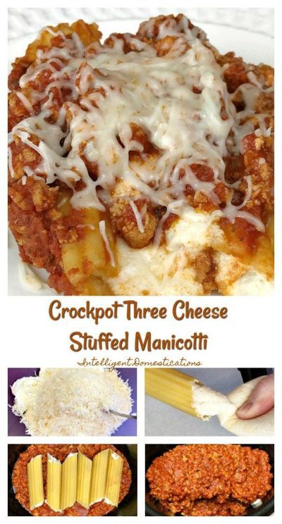 Crockpot Three Cheese Stuffed Manicotti recipe. Easy recipe for delicious Italian meal prepared in the Slow cooker. Stuff your Manicotti with a delicious blend of cheeses then slow cook to perfection. A scrumptious weeknight meal or company dinner. #slowcookermeal #crockpotdinner #casserole #italiandinner #onedishdinner #manicotti Manicotti Recipe No Boil, Crockpot Manicotti Recipe, Crockpot Manicotti, Stuffed Manicotti Recipe, Beef Manicotti, Cheese Stuffed Manicotti, Manicotti Shells, Stuffed Manicotti, Cheese Manicotti