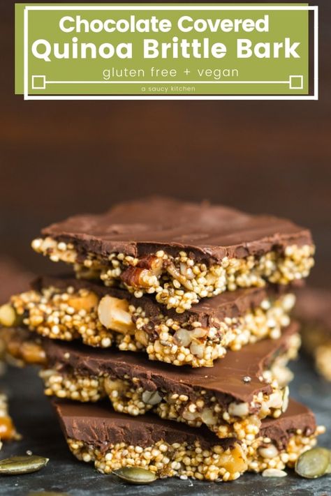 Crispy, crunchy nut and seed quinoa brittle covered in dark chocolate - easy to make and even easier to eat! #GlutenFree + #Vegan #quinoa #chocolatebark #brittle Quinoa Brittle, Chocolate Quinoa, Crispy Quinoa, Vegan Quinoa, Healthy Bars, Healthy Vegan Snacks, Vegan Treats, Vegan Sweets, Healthy Sweets